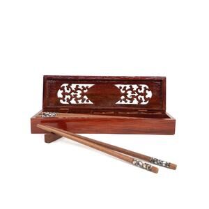 Vietnamese Wooden Chopsticks Set for 8 with Carved Wood Box Made in Vietnam